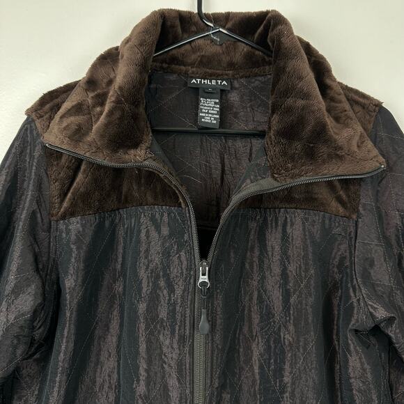 Athleta Brown Quilted Jacket with Faux Fur Trim Brown Iridescent Large - Picture 5 of 7